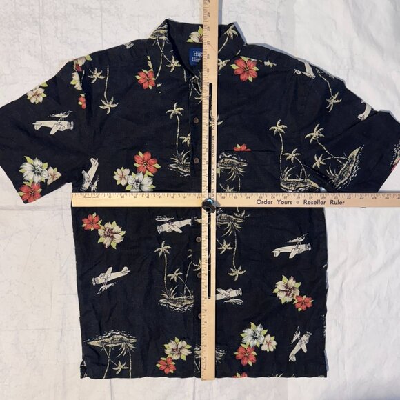 High Sierra Linen Blend Hawaiian Shirt - S Black Seaplane Palm Trees Print - Picture 4 of 4